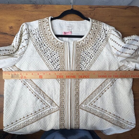 Chico’s Linen Ivory & Gold Open Front Tribal Jacket Size 3 XL Gold Tone Beading - Picture 8 of 8